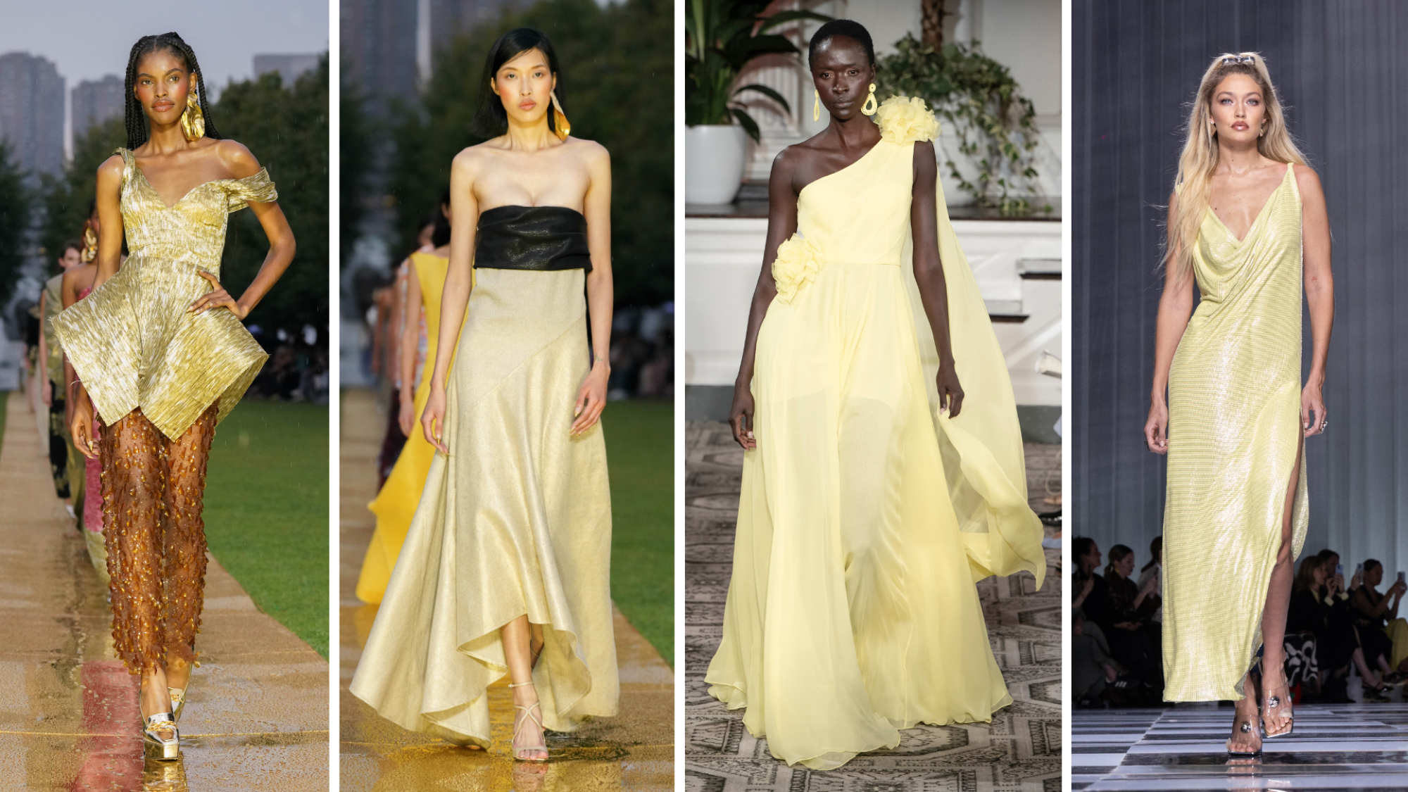 Four photos of women in yellow dresses
