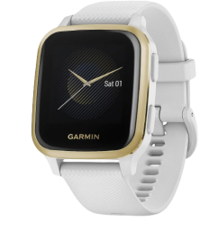 a garmin venu sq with a white band on a white background