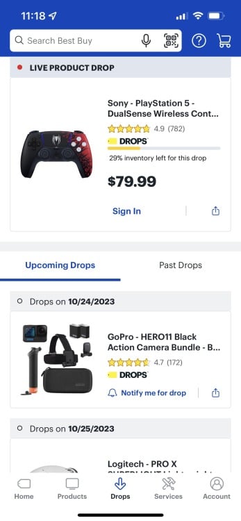 Drops section of Best Buy app showing deals on gaming controller and GoPro bundle
