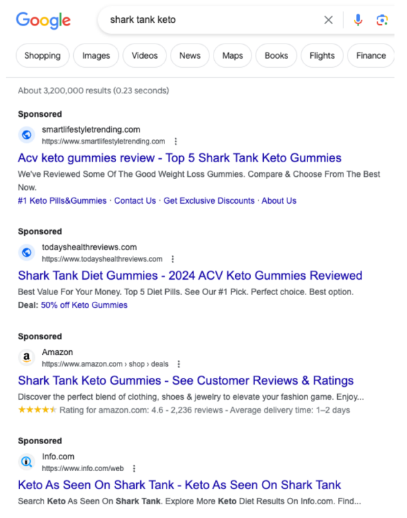 Google search for "Shark Tank keto"