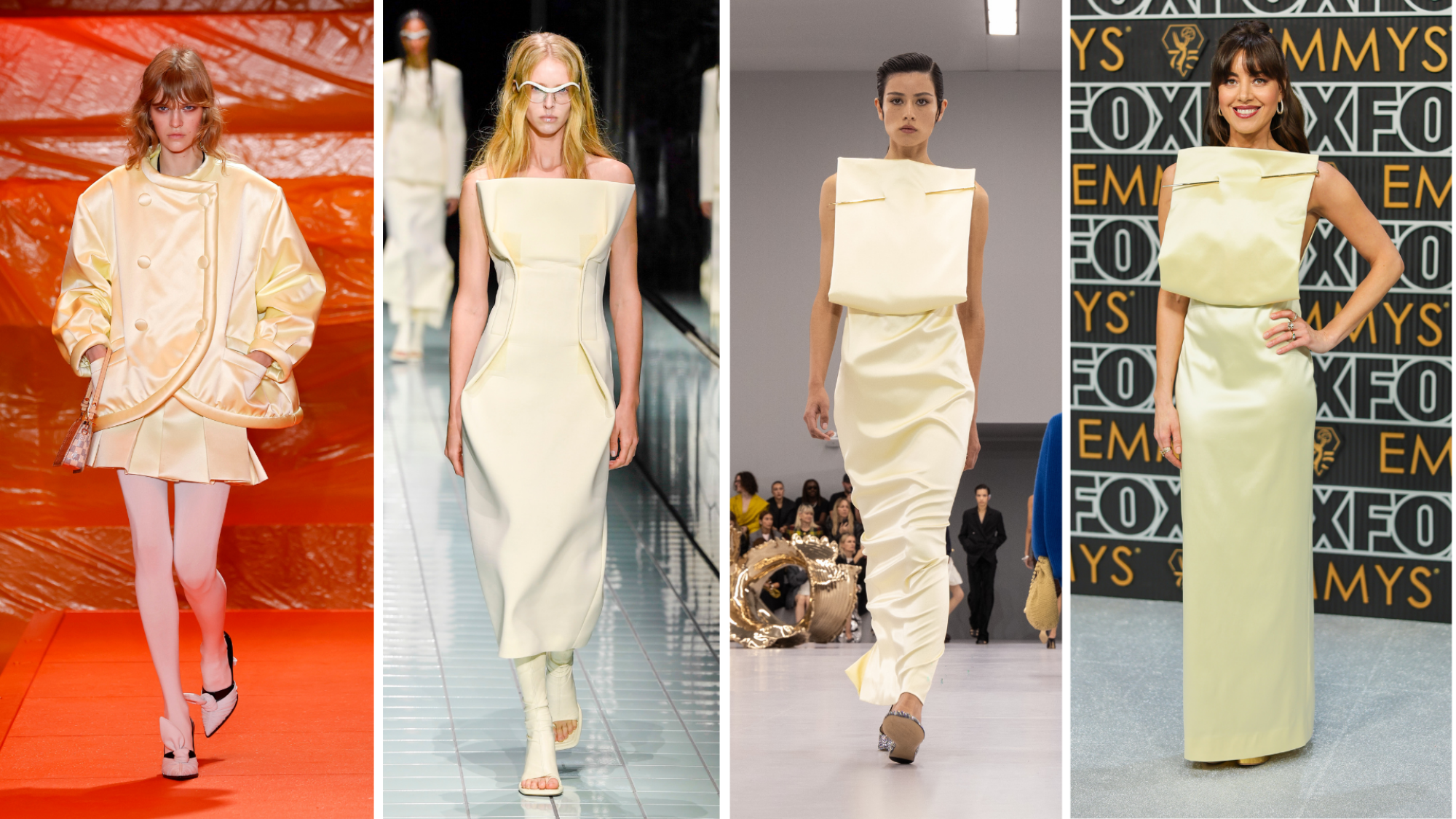 Four photos of women in yellow dresses. Photos three and four are of two women in the same Loewe dress.