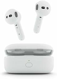 a white pair of echo buds and case on a white background