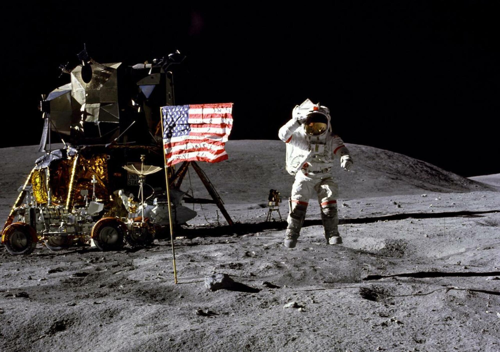 NASA Astronaut John W. Young leaping on the moon in 1972.