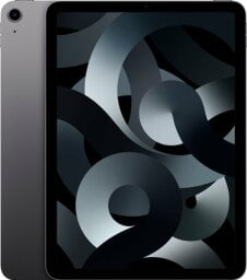Front and back views of space gray iPad Air with abstract swirl screensaver