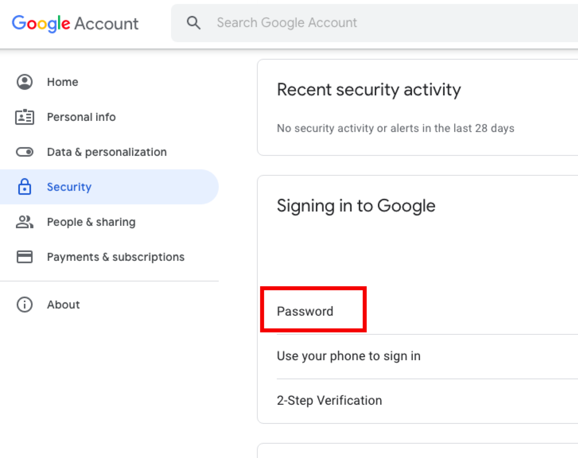 A screenshot of Gmail showing where the "Password" setting is.