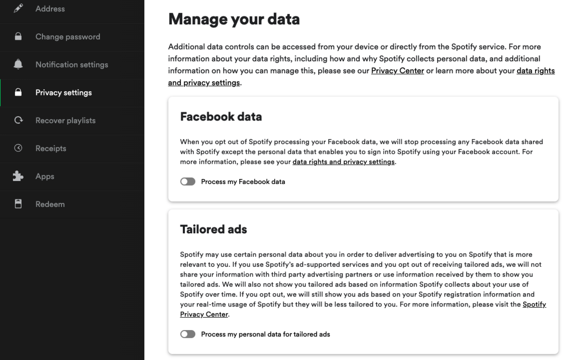 A screenshot of Spotify privacy settings. 