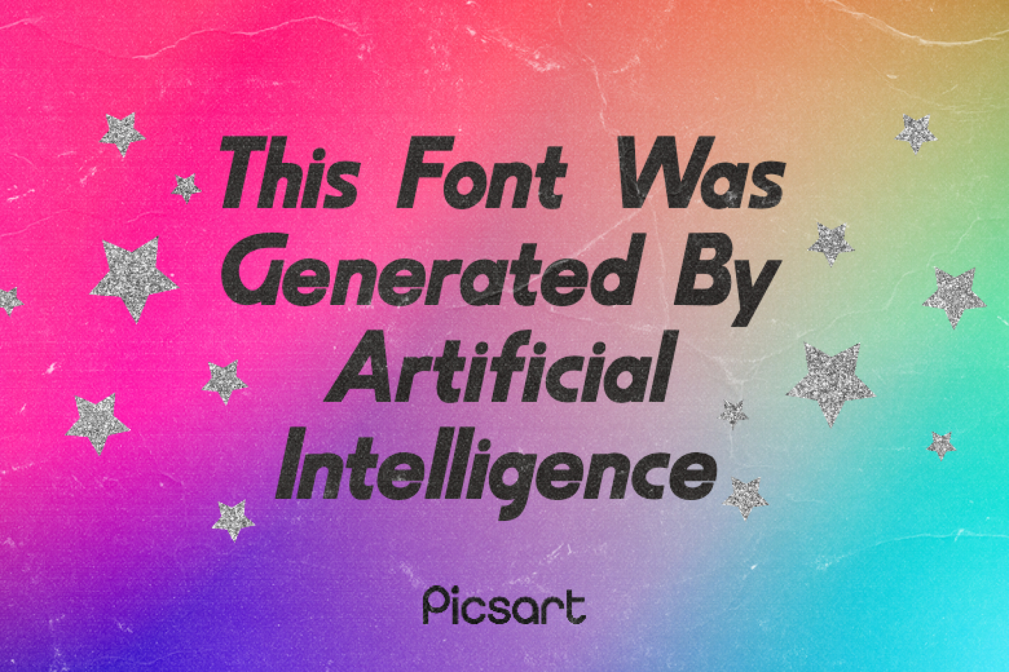 A rainbow-colored screen with words from an AI-generated font.
