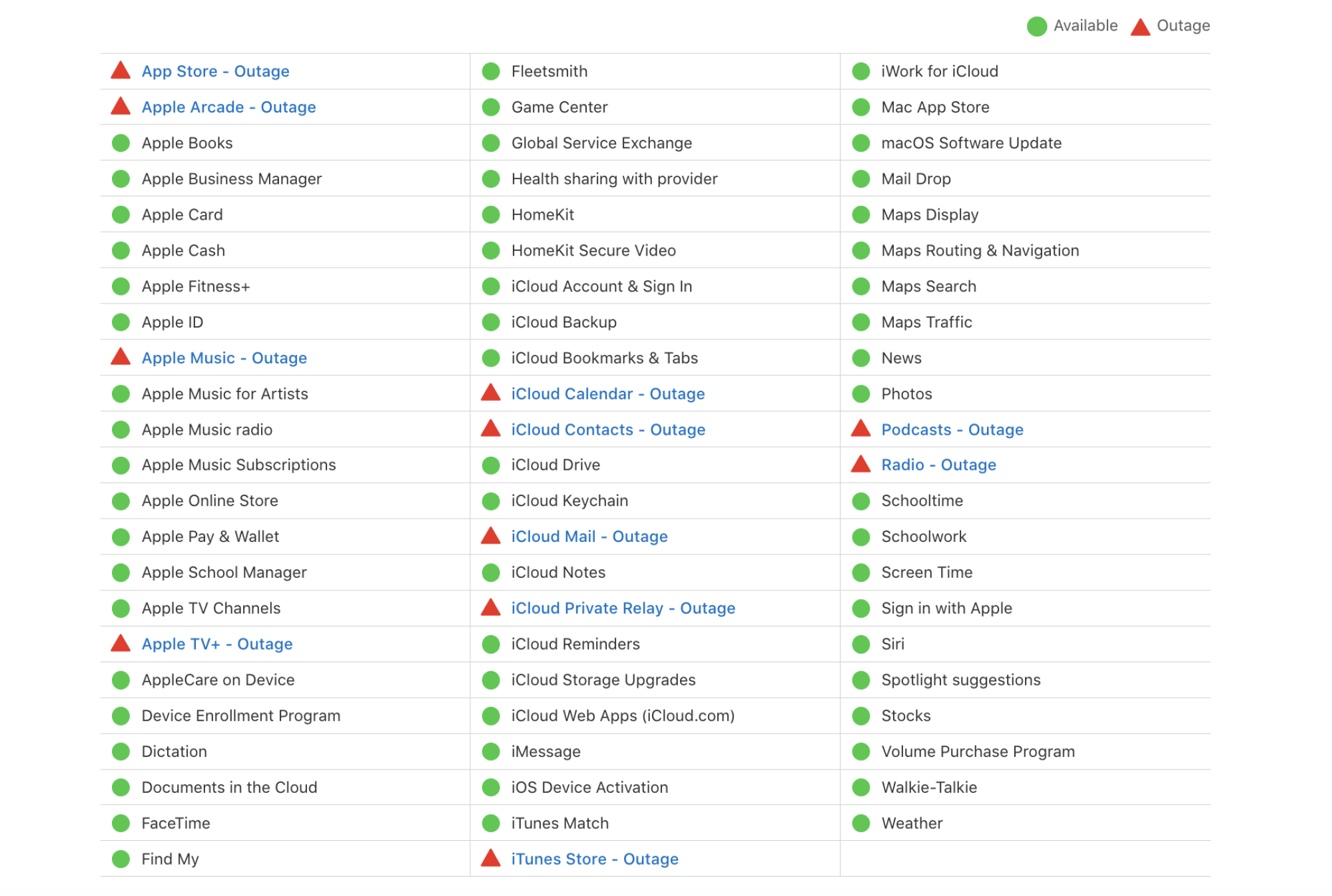 Apple system status page showing outages.