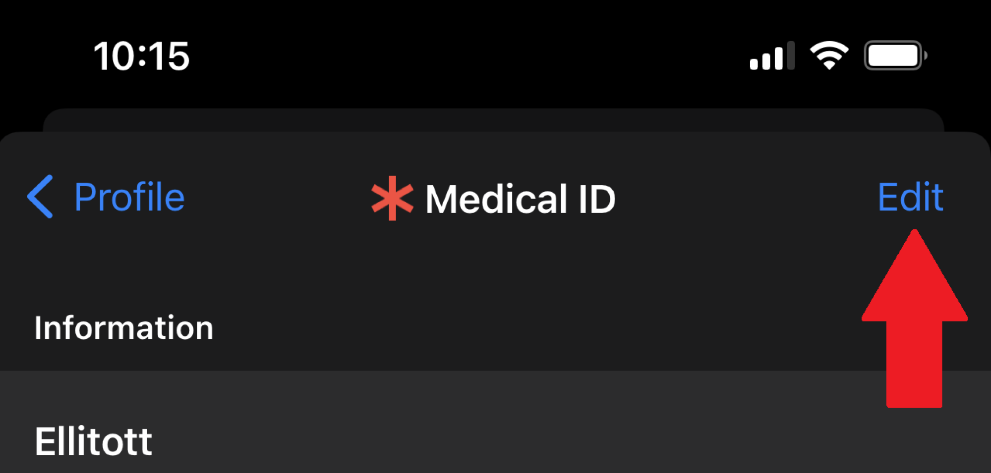 Arrow pointing to "edit" button in Medical ID to revise emergency contacts