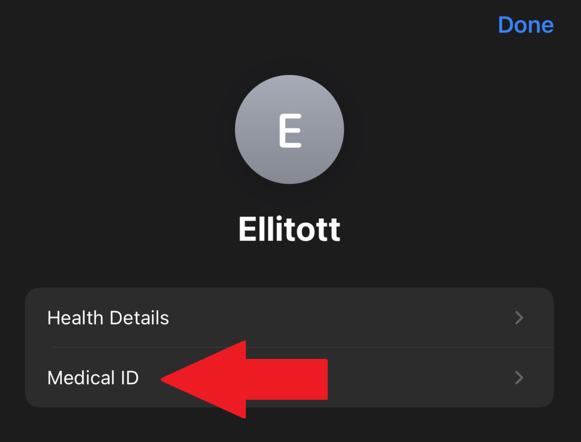 Arrow pointing to "Medical ID," through which you can edit settings