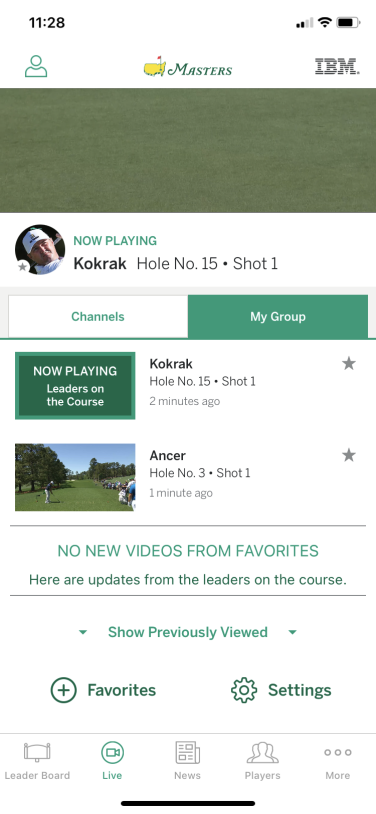 A screenshot of the "Live" tab on the Masters app shows featured videos and players.