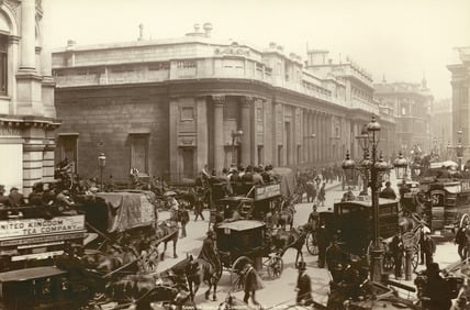 A black and white image of the Bank of England, 1885-1895