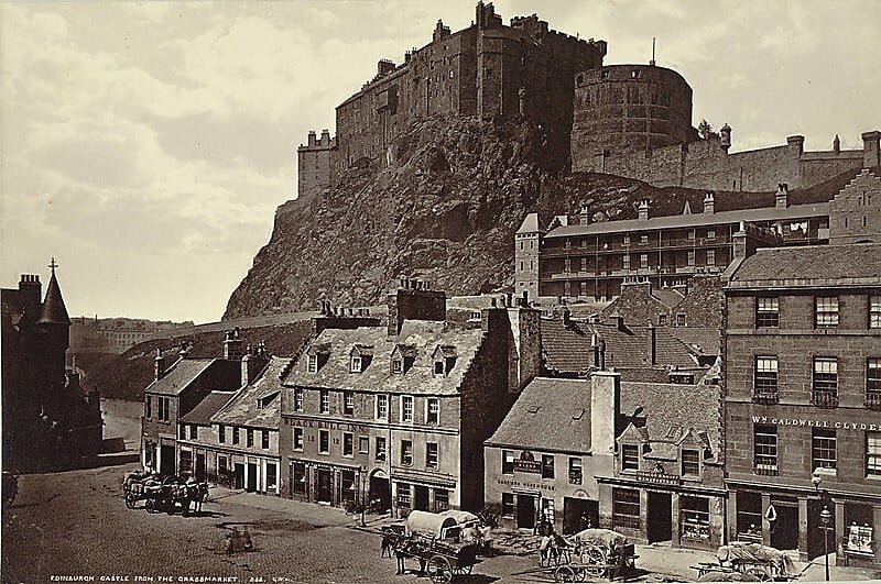 A black and white image of Edinburgh Castle, 1865.