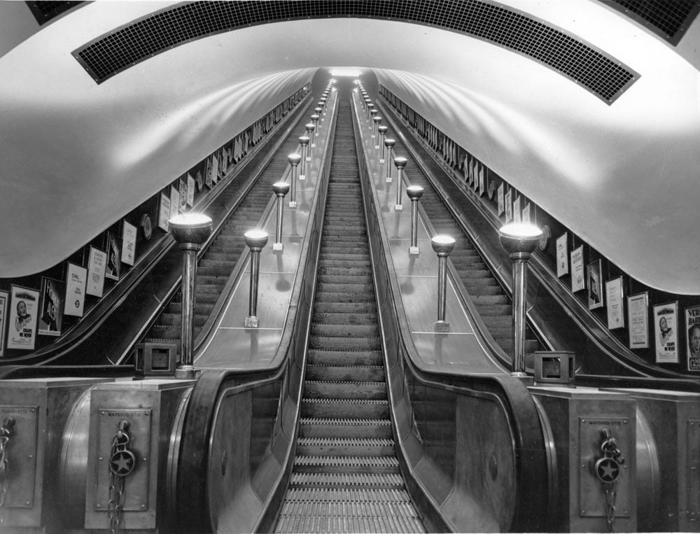 A black and white image of a London Underground Escalator, 1930-1940.