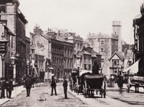 A black and white image of Cardiff High Street, 1880.